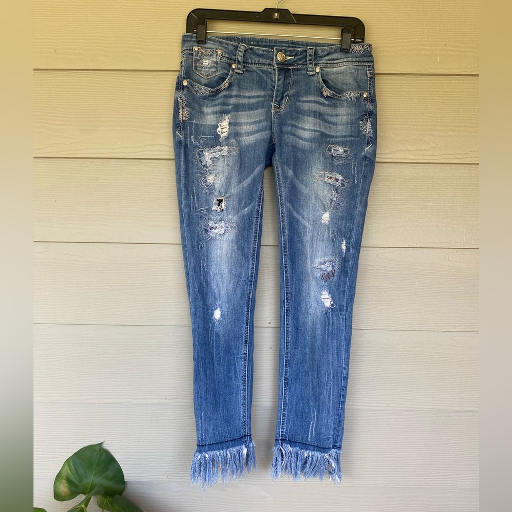 Grace in LA ~ Distressed Skinny Jeans with Frayed Hems, Size 27